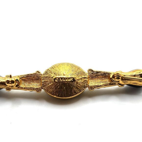 Signed Monet Brooch Green Glass Emerald Gold Black 80s Rhinestone Bar Brooch - Picture 4 of 5